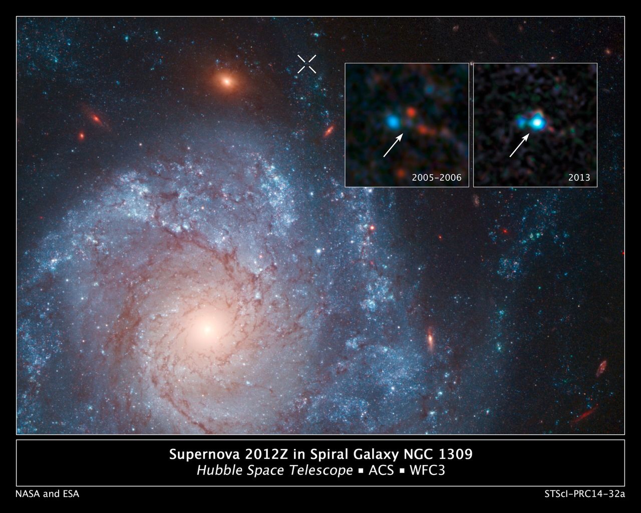 Dwa zdjęcia we wstawce pokazują obrazy przed i po, uchwycone przez Kosmiczny Teleskop Hubble’a, przedstawiające Supernową 2012Z w spiralnej galaktyce NGC 1309. Biały krzyżyk na górze głównego obrazu oznacza lokalizację supernowej w galaktyce