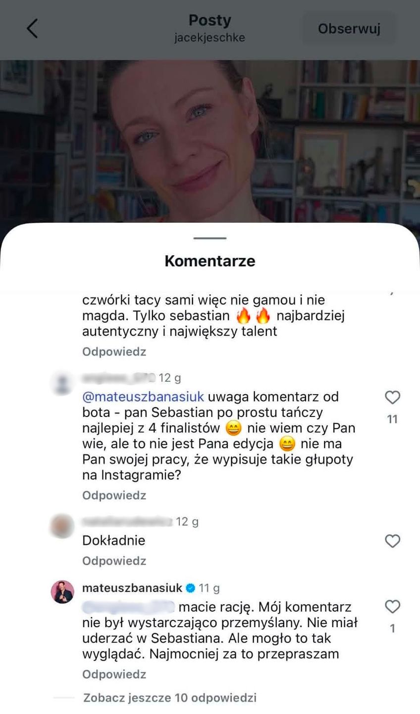 Screen komentarzy pod postem Magdy Boczarskiej i Jacka Jeschke