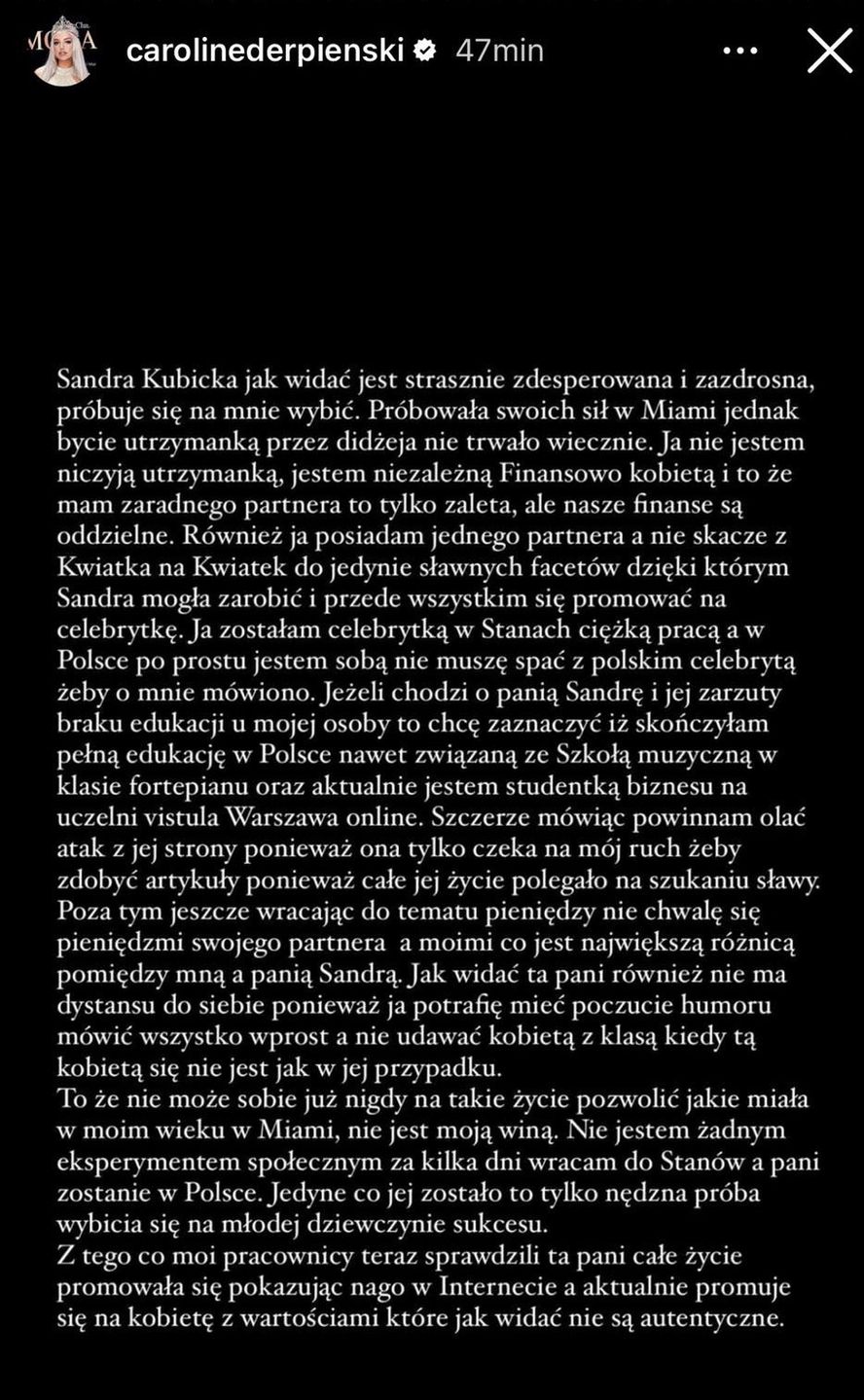 Caroline Derpieński odpowiedziała Sandrze Kubickiej