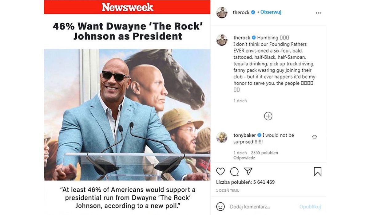 Dwayne Johnson z przymrużeniem oka komenuje ankietę "Newsweeka".