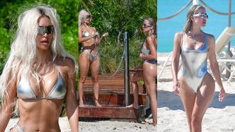 Szczupłe Kim i Khloe Kardashian błyszczą na plaży w pasujących do siebie strojach kąpielowych (ZDJĘCIA)