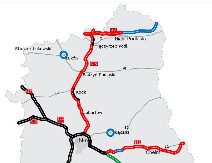 Budowana (na czerwono) i planowana (na niebiesko) autostrada A2 w woj. lubelskim