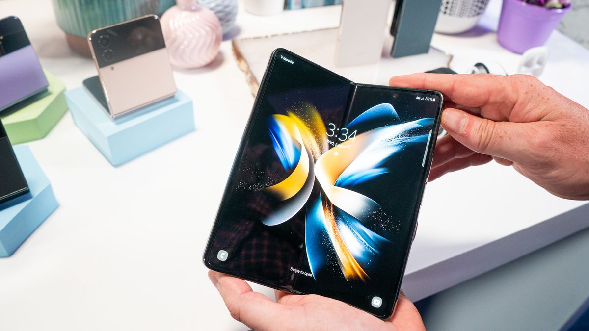 A Samsung Galaxy Z Fold 4 smartphone at the Samsung Unpacked event in New York, US, on Wednesday, Aug. 3, 2022. Samsung Electronics Co. unveiled the latest generation of its foldable devices on Wednesday, keeping prices steady despite surging costs of materials and shipping. Photographer: Jutharat Pinyodoonyachet/Bloomberg via Getty Images