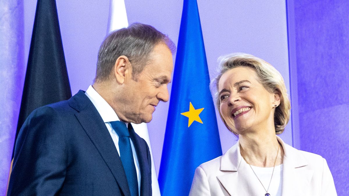 Poland's Prime Minister, Donald Tusk, is welcoming EU Commission President Ursula von der Leyen and Belgium's Prime Minister, Alexander De Croo, at the Prime Minister's Office in Warsaw, Poland, on February 23, 2024. (Photo by Andrzej Iwanczuk/NurPhoto via Getty Images)