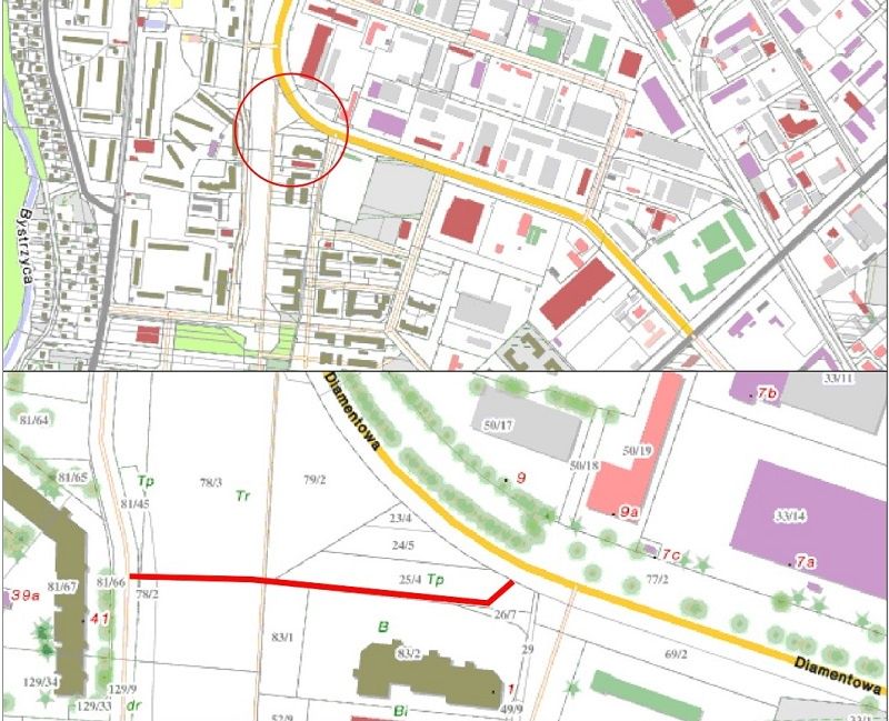 Plan sytuacyjny - nowy ciąg pieszy łączący ul. Diamentową z ul. Samsonowicza
