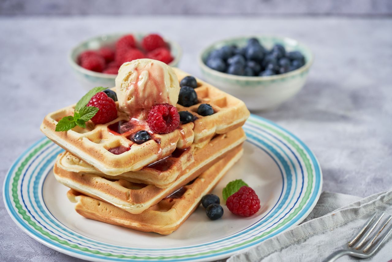 Waffles with Fresh Berries, Ice Cream and Topping