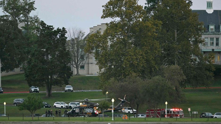 Temporary
Maryland State Police medevac helicopters are seen at the US Naval Academy in Annapolis, Maryland, where a shooting occurred earlier in the day, on September 11, 2025. The US Naval Academy in Annapolis, Maryland, went on lockdown on September 11, 2025, after reports of gunfire in Bancroft Hall, though officials later said there was no credible threat. (Photo by Jim WATSON / AFP)
JIM WATSON