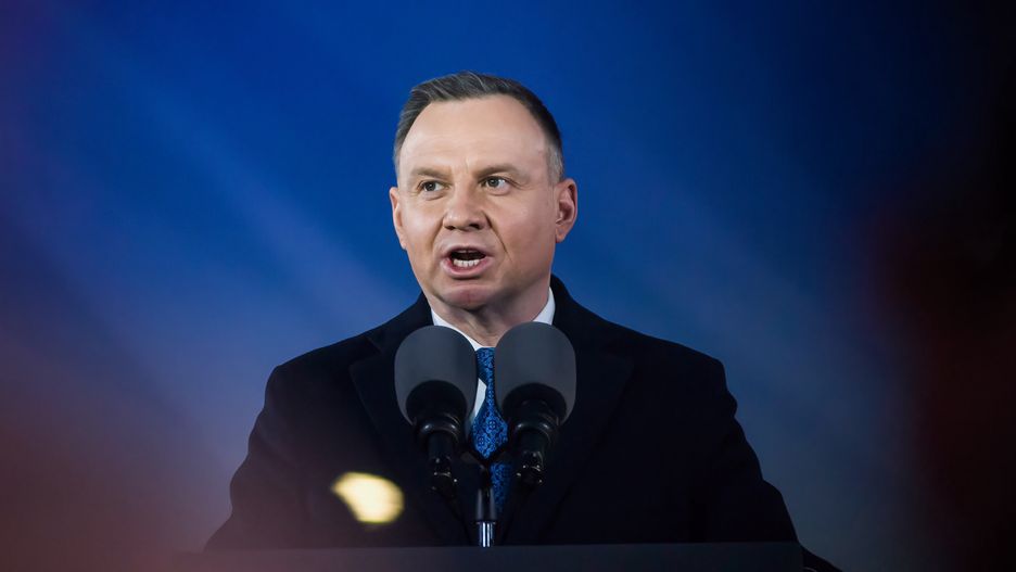 WARSAW, MAZOWIECKIE, POLAND - 2023/02/21: President of Poland, Andrzej Duda, delivers a speech at the Royal Castle Gardens in Warsaw. President Joe Biden visited Poland's capital before the first anniversary of Russia's invasion of Ukraine and gave a major speech to the Polish Nation at the Gardens of the Royal Castle in Warsaw. He said, "I can report: Kyiv stands strong. Kyiv stands proud. It stands tall and, most importantly, stands free,". He made this remark in front of 30,000 attendees waving Polish, U.S., and Ukrainian flags. (Photo by Attila Husejnow/SOPA Images/LightRocket via Getty Images)