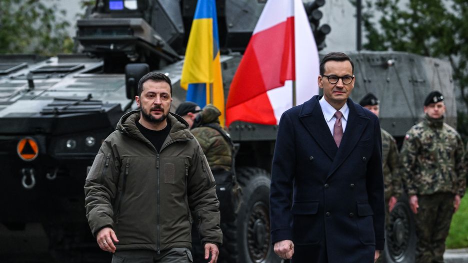WARSAW, POLAND – APRIL 5:: Ukraine’s President, Volodymyr Zelenskyy and Poland's Prime Minister, Mateusz Morawiecki (not seen) inspect Polish-made Rosomak armored vehicles and greet Polish soldiers before delivering a statement to the press at the Prime Minister Chancellery on April 05, 2023 in Warsaw, Poland. The Ukrainian President will meet his Polish counterpart, Andrzej Duda and Poland's Prime Minister, Mateusz Morawiecki to discuss issues related to security, economic and agricultural cooperation. (Photo by Omar Marques/Getty Images)