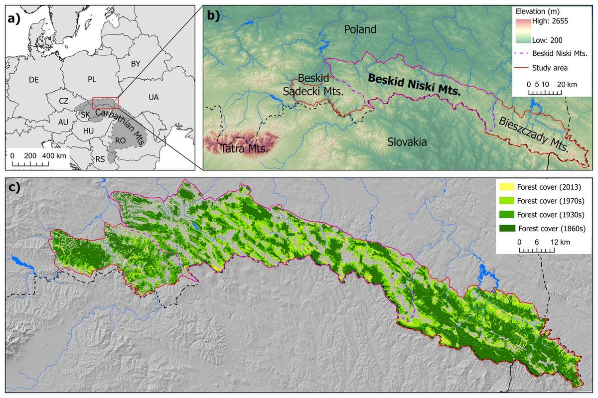 Położenie obszaru badań w Europie i Karpatach