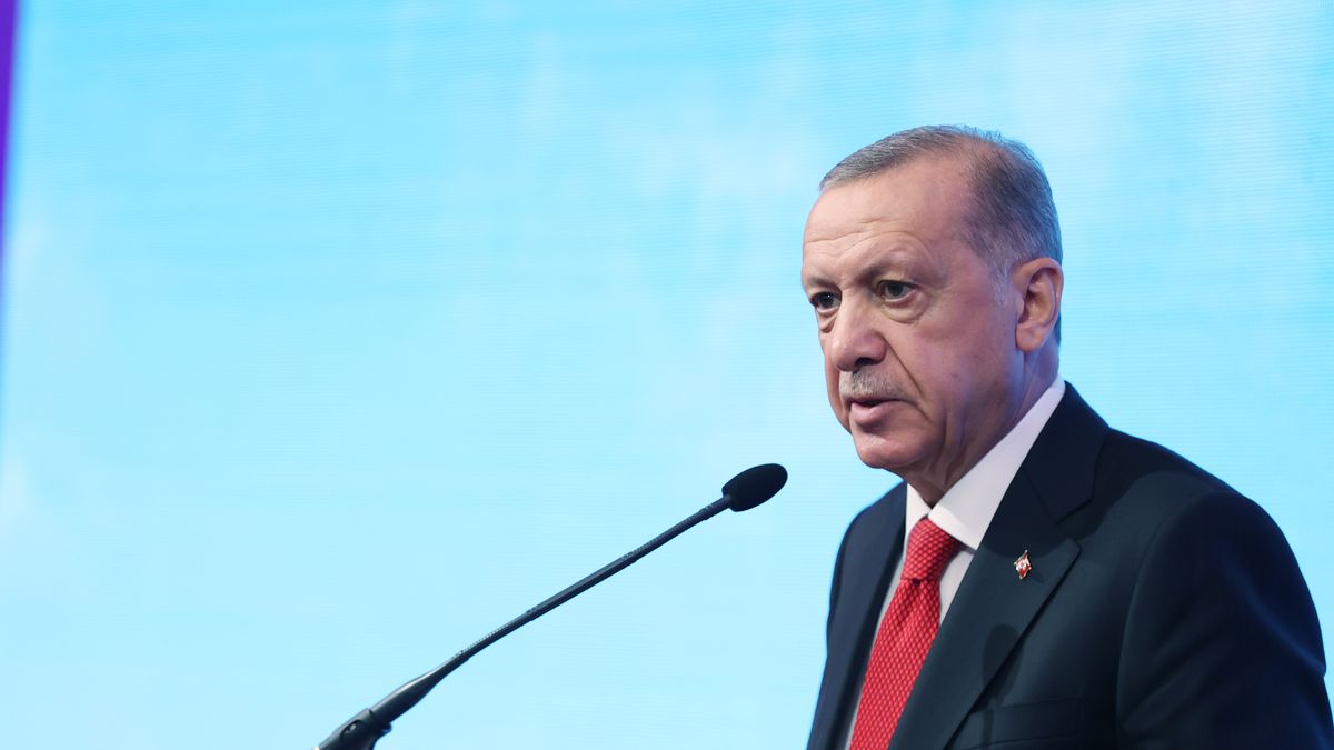 ZAGREB, CROATIA - SEPTEMBER 08: Turkish President Recep Tayyip Erdogan makes a speech during the Croatia-Turkiye Business Forum in Zagreb, Croatia on September 08, 2022. (Photo by Murat Kula/Anadolu Agency via Getty Images)