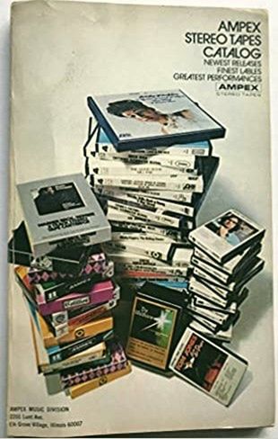 Folder Ampex Stereo Tapes z amerykańską ofertą na rynek europejski, taśmy na szpulach i kasety 8-track