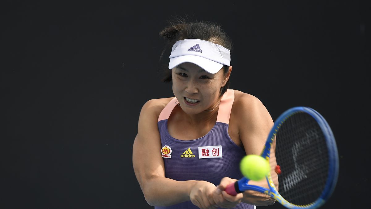MELBOURNE, AUSTRALIA - JANUARY 21: Shuai Peng of China in action during her Women's Singles first round match against Nao Hibino of Japan on day two of the 2020 Australian Open at Melbourne Park on January 21, 2020 in Melbourne, Australia. (Photo by Fred Lee/Getty Images)