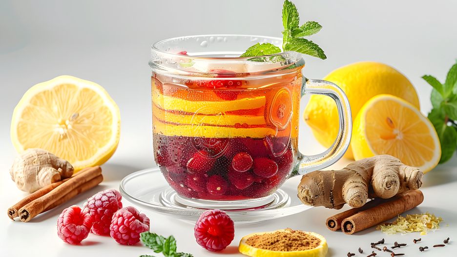 herbal tea, lemon, berries, raspberries, ginger, cinnamon, mint, cloves, healthy drink, refreshing, hot beverage, glass cup, citrus, fresh ingredients, natural, wellness, detox, antioxidants, vitamin c, immune boost, aromatic, homemade, infusion, herbal remedy, cozy, winter drink, vibrant, colorful, fruit tea, herbal infusion, health benefits, organic, fresh herbs, ginger root, cinnamon sticks, sliced lemon, mint leaves, spice blend, tea time, relaxation, soothing, invigorating, delicious, homemade tea, natural ingredients, wellness drink, healthy lifestyle