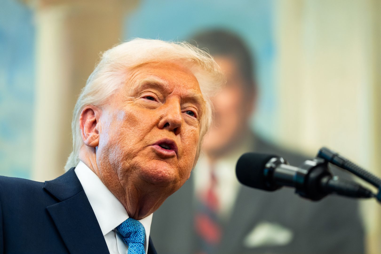 WASHINGTON, DC  April 22, 2025:

US President Donald Trump answers questions during the swearing in of Paul Atkins as Chairman of the Securities and Exchange Commission (SEC) in the Oval Office of the White House on Tuesday April 22, 2025.

(Photo by Demetrius Freeman/The Washington Post via Getty Images)