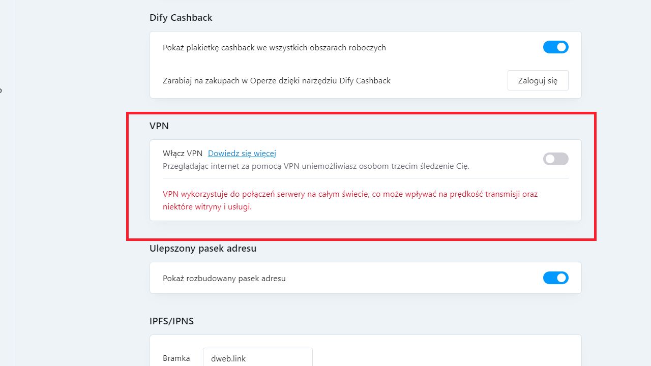 Opera: włączamy VPN