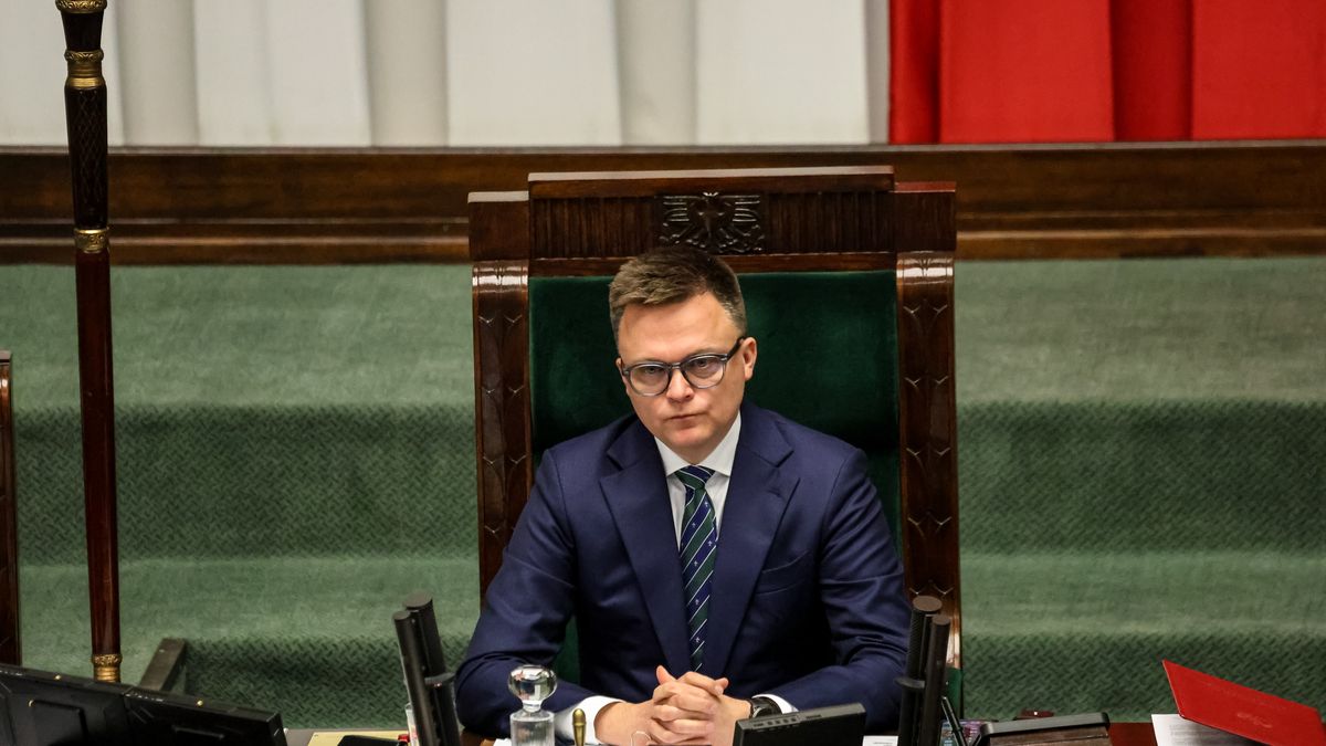WARSAW, POLAND - 2024/04/24: The Speaker of Polish Parliament, Szymon Holownia speaks during the 10th session of Polish Parliament in the Parliament building on Wiejska Street. The parliament discusses controversial issues of the rule of law. (Photo by Dominika Zarzycka/SOPA Images/LightRocket via Getty Images)