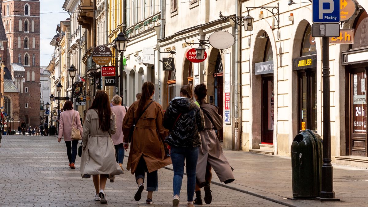 Passers-by enjoys a walk on Florianska street  as Polish government slowly relaxes Coronavirus restrictions as the number of cases drops significantly in Krakow' Old Town, Poland on May 15, 2021. Coronavirus  lockdowns  is partially lifted as Poland managed to vaccinate about 15 million people and the number of Covid cases is low. Pub and restaurants can now host outdoor guests and people do not need to wear face masks. (Photo by Dominika Zarzycka/NurPhoto via Getty Images)