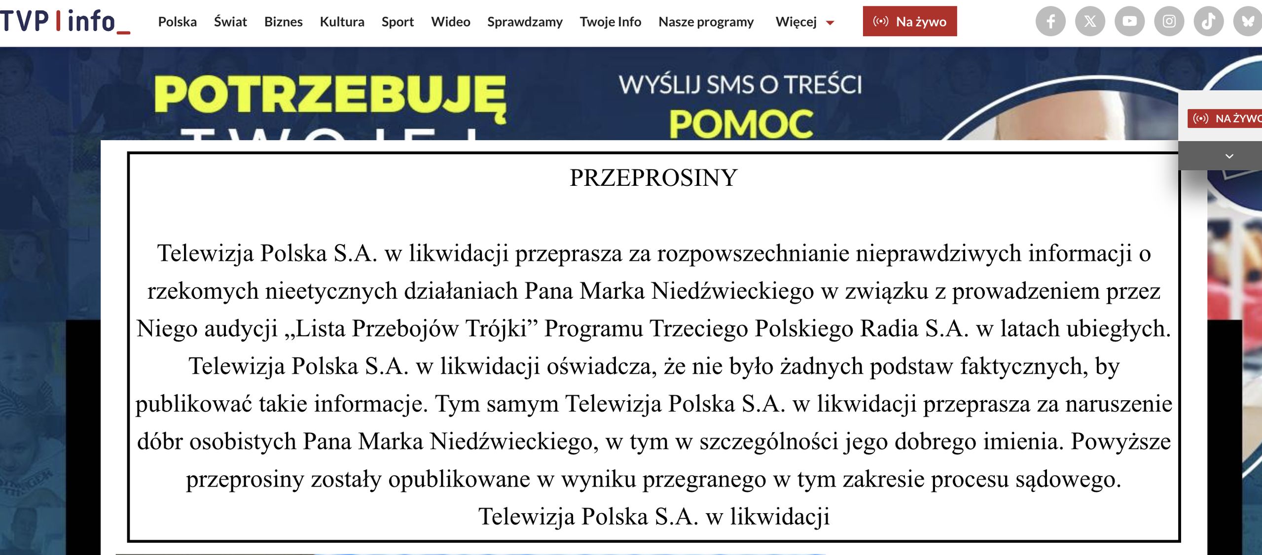 TVP przeprosiło Marka Niedźwieckiego