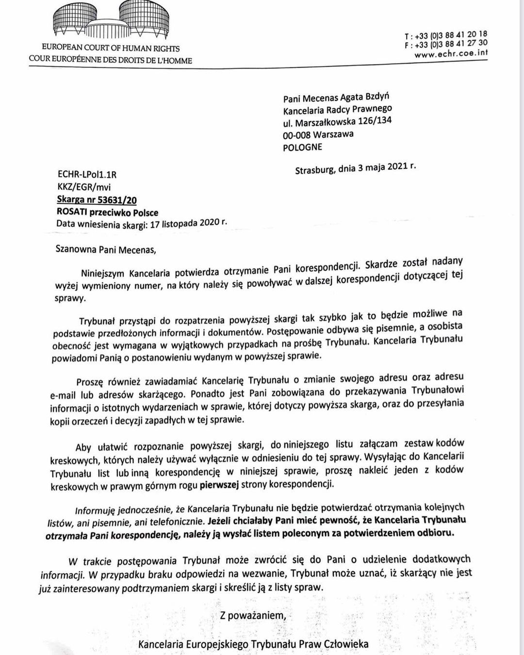Trybunał Praw Człowieka rozpatrzy skargę Weroniki Rosati