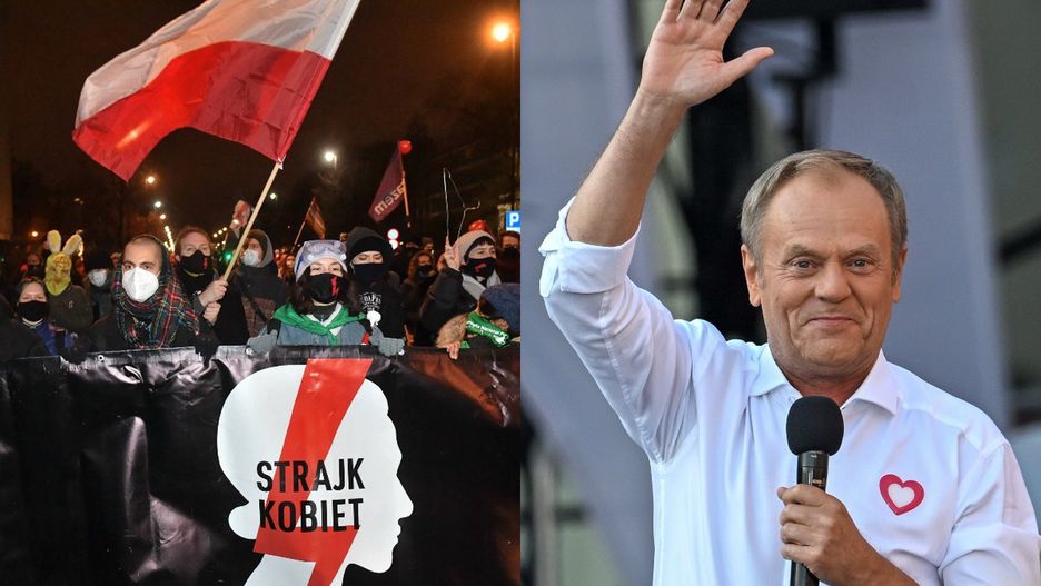 Po lewej Warszawa, 27.01.2021. Uczestnicy demonstracji przeciwko zaostrzeniu prawa aborcyjnego. Po prawej Tuska na  "Wiecu 4 czerwca" na Placu Zamkowym w Warszawie 