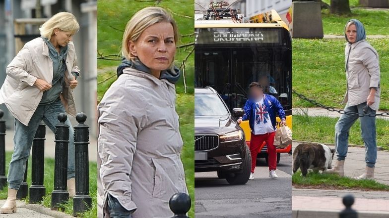 Małgorzata Foremniak wyprowadza psa, a jej partner blokuje warszawską ulicę