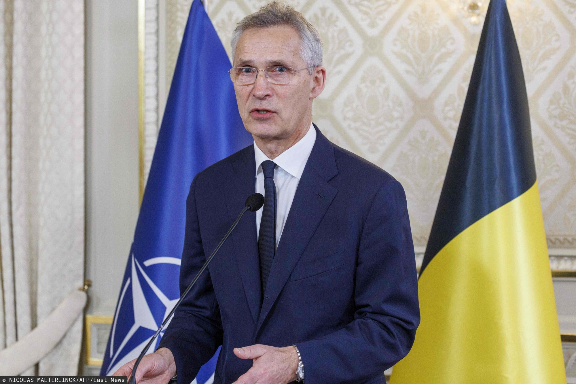 Temporary
NATO Secretary General Jens Stoltenberg delivers a speech during the ceremony awarding the Grand Cordon d'Honneur to Jens Stoltenberg, at Belgian Prime Minister's offices in Brussels, on April 19, 2024. Stoltenberg has been at the head of the transatlantic security organization NATO for 10 years. He was the second-longest serving senior official in NATO history. Under his mandate, the alliance was expanded to Eastern Europe, and Finland and Sweden joined NATO. (Photo by NICOLAS MAETERLINCK / Belga / AFP) / Belgium OUT
NICOLAS MAETERLINCK