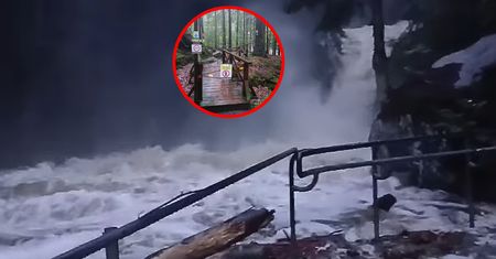 Ulewa w górach. Wodospad zamienił się w rwący potok
