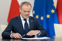 Donald Tusk during the signing of the coalition agreement regarding the tasks of establishing a new government in Poland in Warsaw, Poland on November 10, 2023. (Photo by Foto Olimpik/NurPhoto via Getty Images)