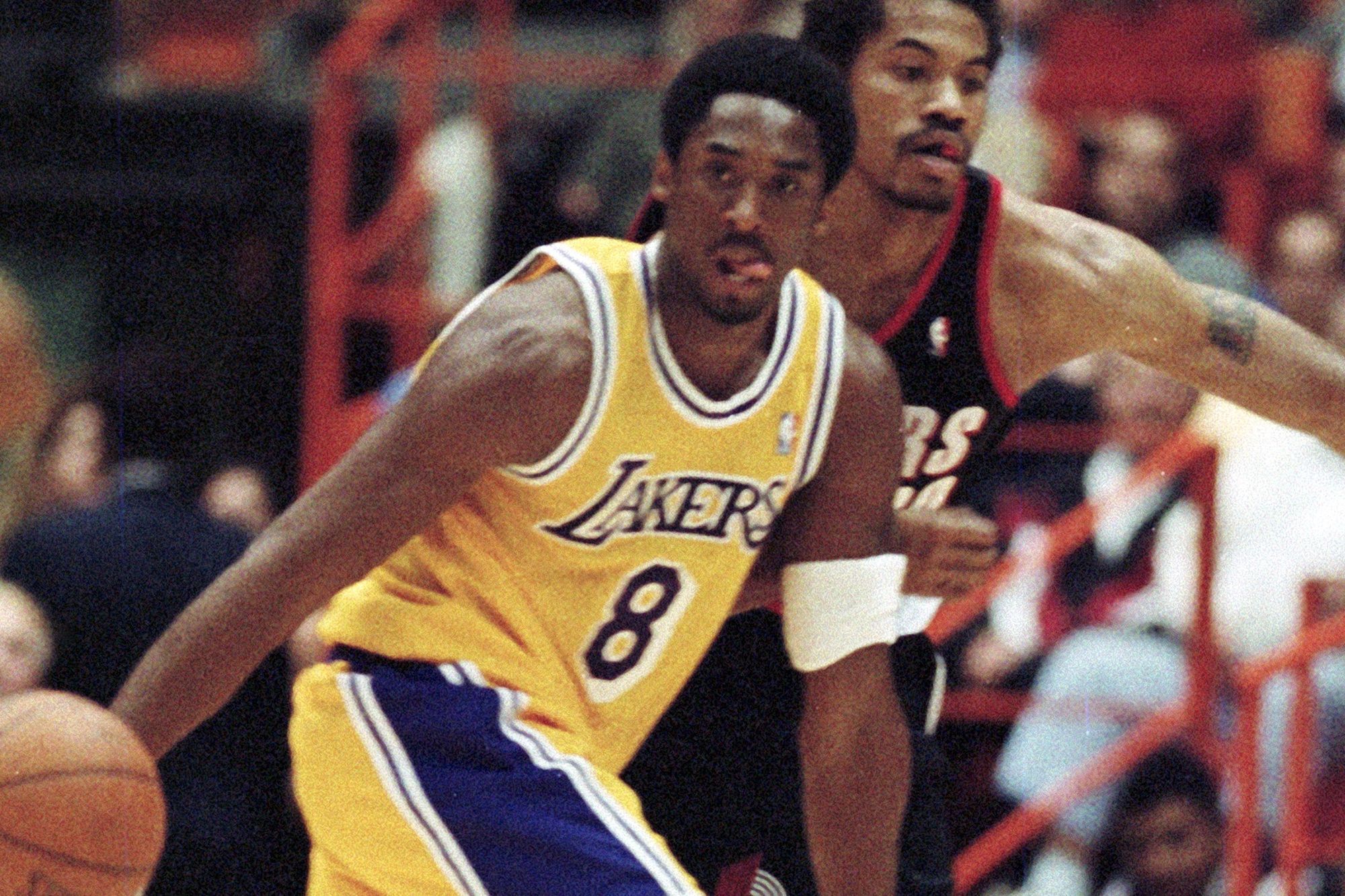 Los Angeles Lakers Kobe Bryant (8) during Game 2 action during the NBA Playoff game against Portland Trailblazers, April 26, 1998 in Inglewood, California.  (Photo by Bob Riha, Jr./Getty Images)
