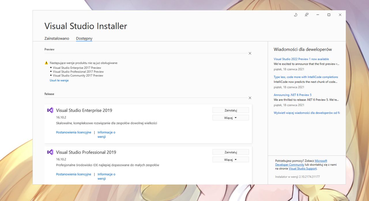 Instalator Visual Studio jeszcze nie zawiera wersji 2022... ale ogłoszenie o nim już tak
