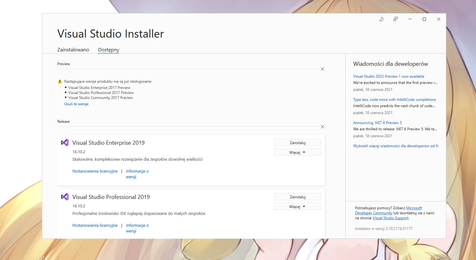 Instalator Visual Studio jeszcze nie zawiera wersji 2022... ale ogłoszenie o nim już tak