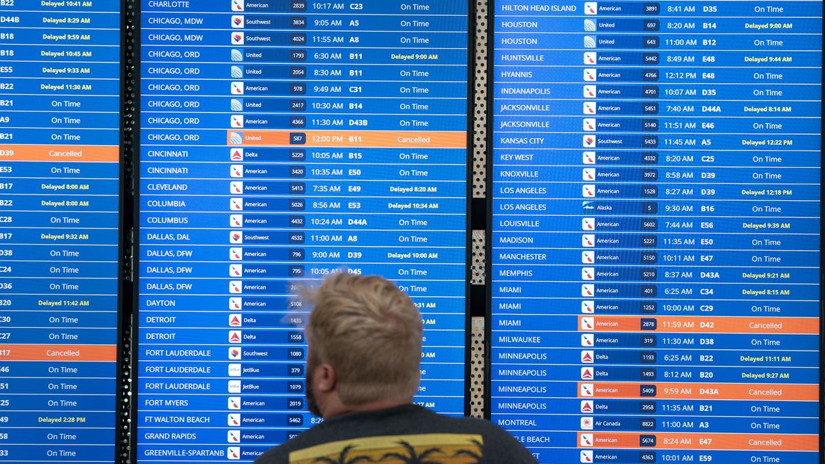 Podróżny sprawdza rozkład lotów na lotnisku im. Ronalda Reagana w Waszyngtonie