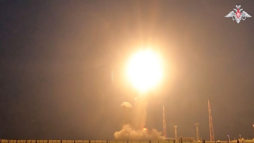 ASTRAKHAN, RUSSIA - APRIL 12: (----EDITORIAL USE ONLY  MANDATORY CREDIT - 'RUSSIAN DEFENSE MINISTRY / HANDOUT' - NO MARKETING NO ADVERTISING CAMPAIGNS - DISTRIBUTED AS A SERVICE TO CLIENTS----) A screen grab captured from the video shows a test-launch of an intercontinental ballistic missile at the Kapustin Yar training ground in Russia's southern Astrakhan region near the Caspian Sea, where the missile was launched from a movable ground missile launch vehicle, the Defense Ministry said in a statement in Astrakhan, Russia on April 12, 2024. According to the ministry, 'the launch tasks have been completed in full.'The test took place as the Russia-Ukraine war is into its third year, with the fear of the use of nuclear weapons occasionally being raised as in issue. (Photo by Russian Defense Ministry/Anadolu via Getty Images)