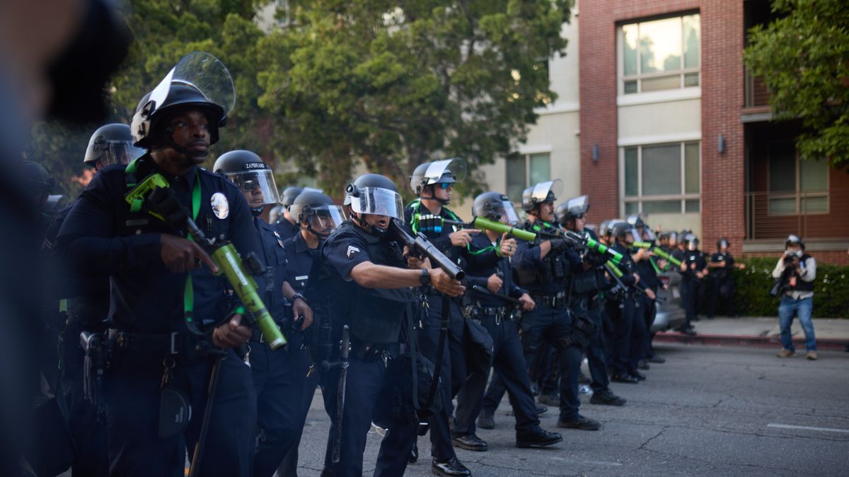 LOS ANGELES, CALIFORNIA - JUNE 9: Police and national guards take measures as thousands of anti-ICE protesters are gathered outside of the Federal Building in Los Angeles, California, United States on June 9, 2025 amid protests over immigration raids. (Photo by Taurat Hossain/Anadolu via Getty Images)