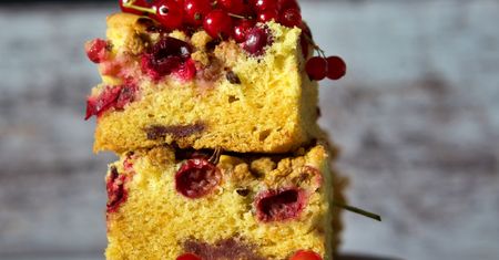Porzeczki zatopione w budyniowej piance i posypane kruszonką. Lepszego ciasta dawno nie jadłam