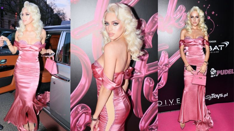 Pudelek Pink Party. Wychodząca z Rolls Royce'a Caroline Derpieński zadaje szyku w bujnym loku i aksamitnym różu (FOTO)
