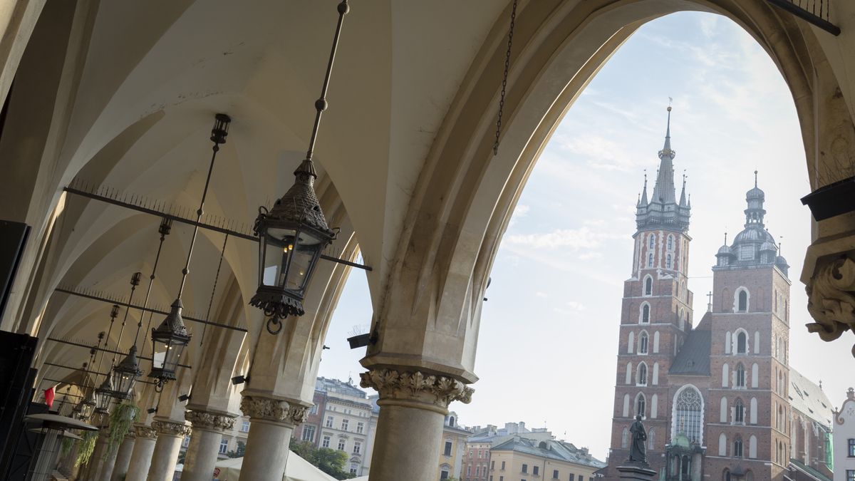 Renaissance arches of the Cloth Hall and the towers of the Church of St Mary on Rynek Glowny market square, on 23rd September 2019, in Krakow, Malopolska, Poland. (Photo by Richard Baker / In Pictures via Getty Images)