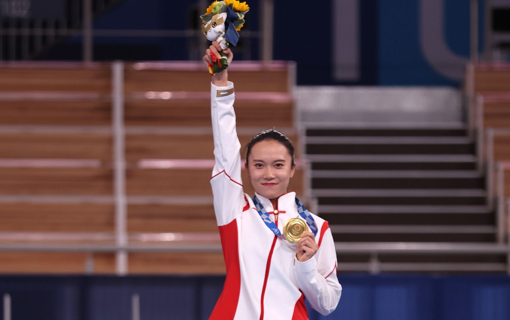 TOKYO, JAPAN - JULY 30: Xueying Zhu of Team China poses on the podium after winning the gold medal during the Women's Trampoline Final on day seven of the Tokyo 2020 Olympic Games at Ariake Gymnastics Centre on July 30, 2021 in Tokyo, Japan. (Photo by Jamie Squire/Getty Images)