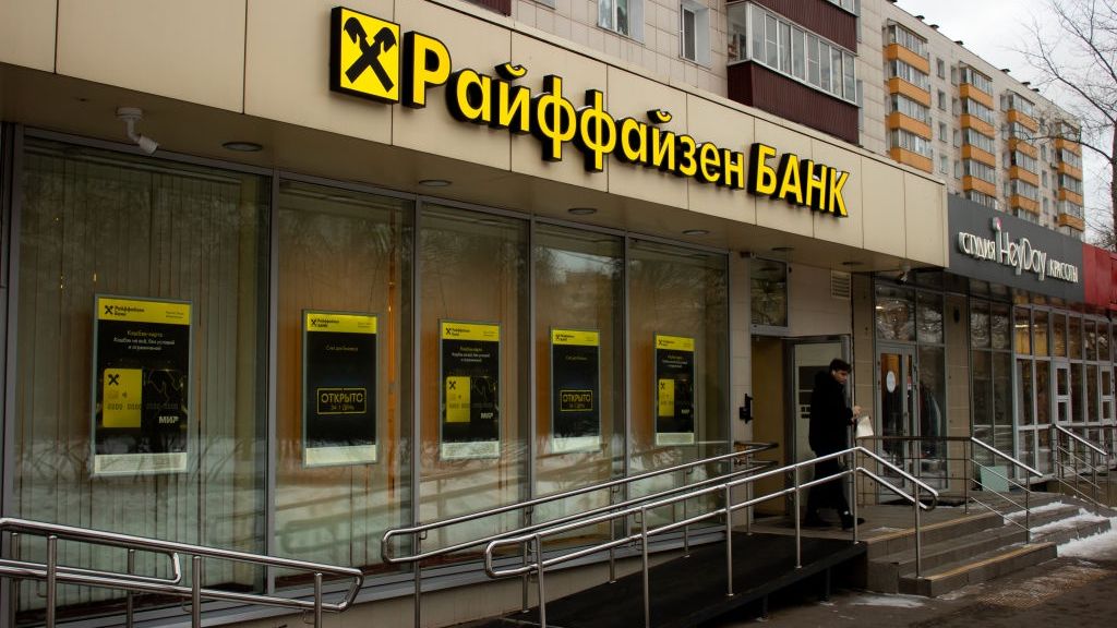 A man walks out of a Raiffeisen Bank office in Moscow
MOSCOW, RUSSIA - 2023/02/18: A man walks out of a Raiffeisen Bank office in Moscow. Media reports that the U.S. Treasury Department has begun an audit of Austria's Raiffeisen Bank International over its business with Russia. The bank said Washington has asked for clarification on the payment business and related processes. (Photo by Vlad Karkov/SOPA Images/LightRocket via Getty Images)
SOPA Images
raiffeisen bank, bank, man, male, company, brand, branding, logos, signs