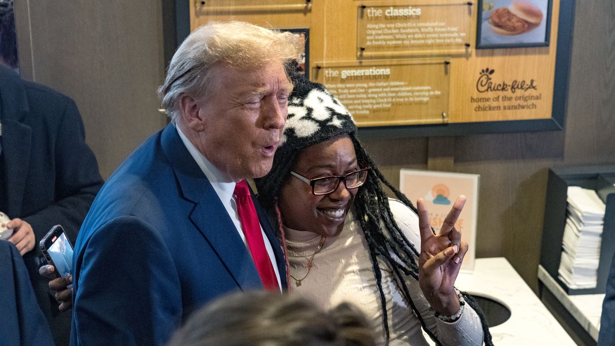 ATLANTA, GEORGIA - APRIL 10:  Former U.S. President Donald Trump meets with people during a visit to a Chick-fil-A restaurant on April 10, 2024 in Atlanta, Georgia. Trump is visiting Atlanta for a campaign fundraising event he is hosting. (Photo by Megan Varner/Getty Images)