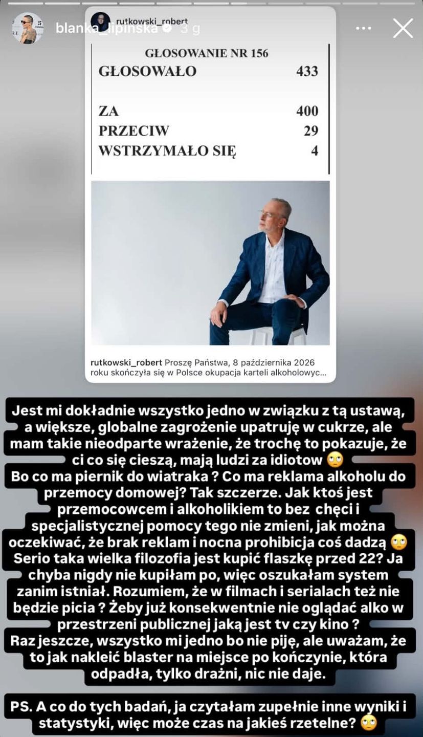 Blanka Lipińska prawi o ustawie antyalkoholowej