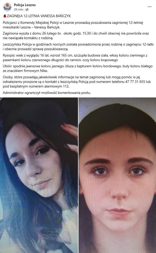 Policja opublikowała wizerunek zaginionej Vanessy Bańczyk.