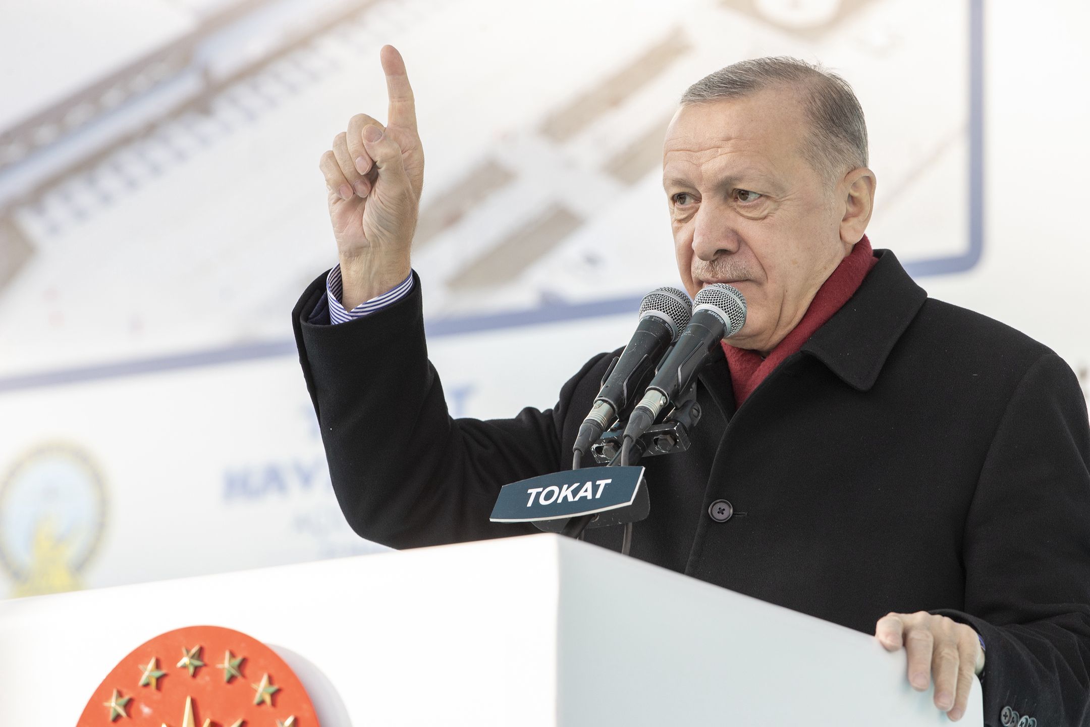 TOKAT, TURKIYE - MARCH 25:  Turkish President Recep Tayyip Erdogan makes a speech during the opening ceremony of Tokat Airport and mass opening ceremony of other projects, in Tokat, Turkiye on March 25, 2022. (Photo by Ali Balikci/Anadolu Agency via Getty Images)