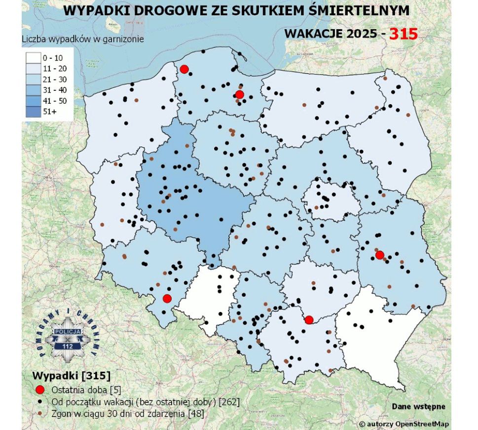 Mapa wypadków drogowych - wakacje 2025