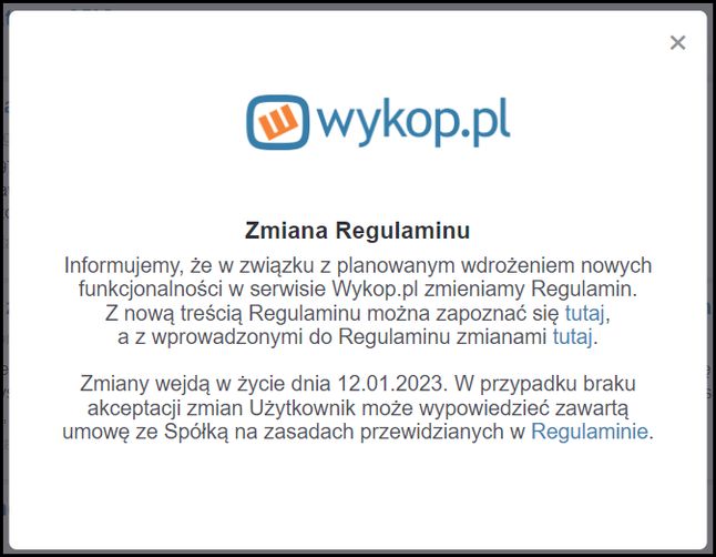 Komunikat, jaki zobaczyli użytkownicy Wykopu logując się na swoje konto