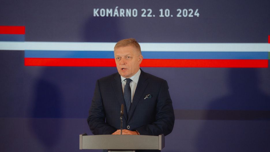 KOMARNO, SLOVAKIA - OCTOBER 22: Prime Minister of Slovakia, Robert Fico talks during a press conference after today's summit regarding illegal migration, in Komarno, Slovakia on 22 October 2024. The leaders discussed the need to protect the European Union's external borders and to strengthen regional cooperation. (Photo by Robert Nemeti/Anadolu via Getty Images)