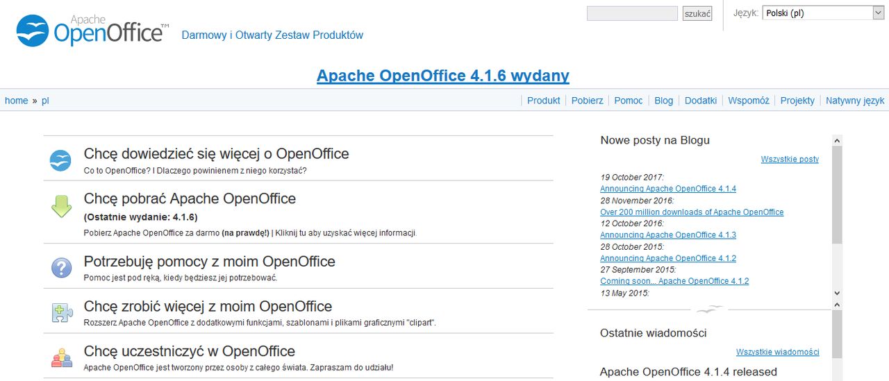 Strona domowa OpenOffice.org. Schludnie, przestronnie i tylko jeden błąd ortograficzny!