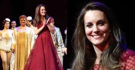"Niesamowicie elegancka" Kate Middleton w bordowej kreacji bawi się w teatrze (ZDJĘCIA)