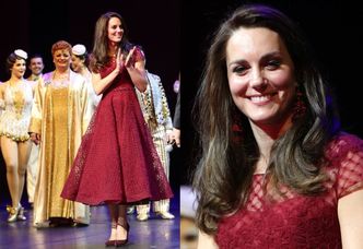 "Niesamowicie elegancka" Kate Middleton w bordowej kreacji bawi się w teatrze (ZDJĘCIA)